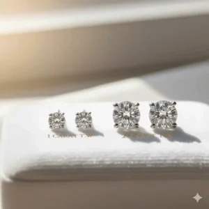 Comparison image showing different carat sizes of 18k white gold stud earrings, for easy size reference.