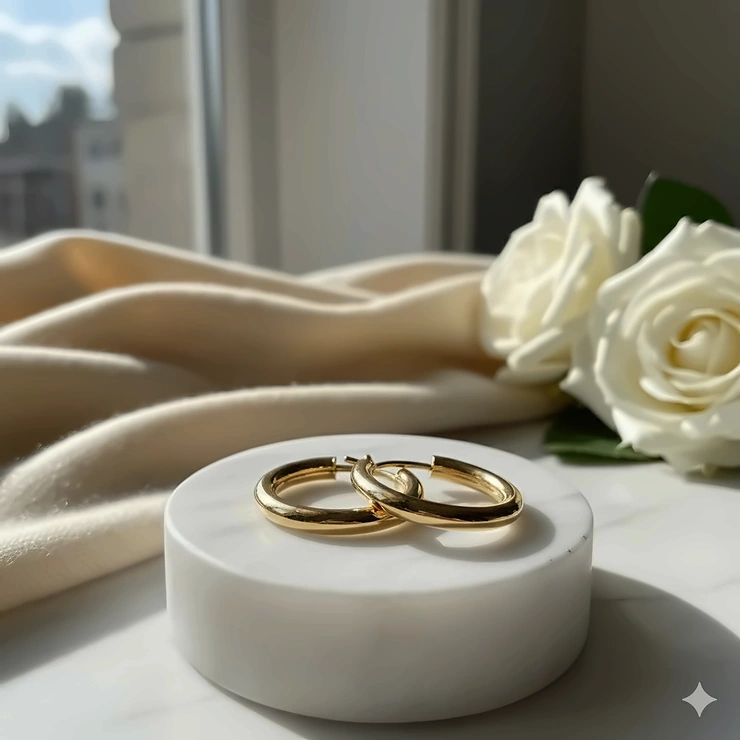 Classic 18 karat gold hoop earrings for everyday elegance and luxury.