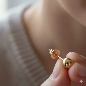 Close-up of a secure screw-back clasp on a high-quality 18k gold stud earring.