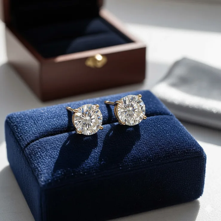 Stunning pair of round diamond 18k gold stud earrings on a velvet jewelry display.
