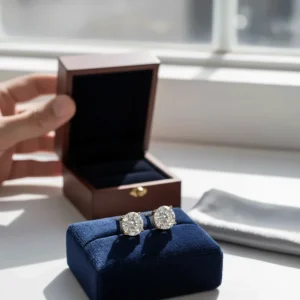 Unboxing a pair of 18k gold stud earrings presented in a luxury velvet gift box.