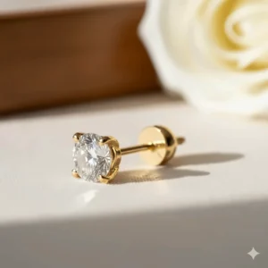 Close-up view showing the secure and comfortable screw back mechanism on the 18k gold stud earrings for maximum safety.