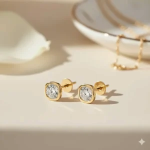 Bezel-set 18k gold stud earrings featuring a comfortable and safe flat screw back design for all-day wear.