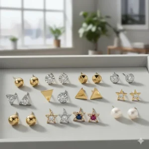 A display showcasing a collection of different styles of 18k gold stud earrings.