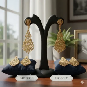 Visual comparison illustrating the color difference between 24k and 18k gold earrings.
