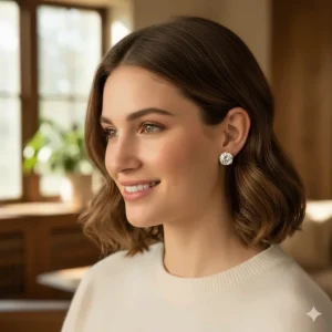 Model wearing a pair of classic diamond 18k gold stud earrings with a reliable screw back closure.
