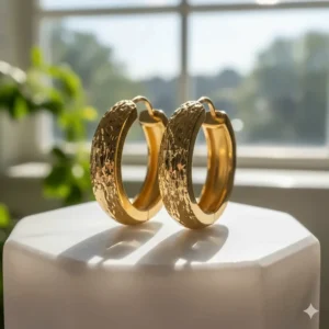Detail of diamond-cut 18 karat gold hoop earrings with a shimmering texture.
