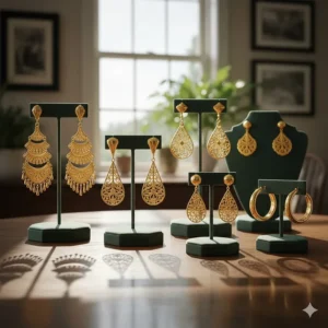 A collection of different types of 24k gold earrings, including drops and chandeliers.
