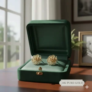 Pure 24k gold earrings beautifully presented in a velvet gift box.