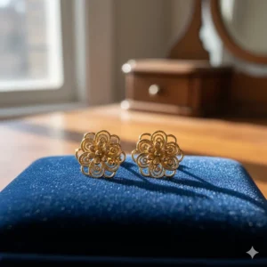 Artisan-crafted handmade 24k gold stud earrings featuring a delicate filigree design.