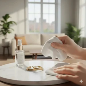 Demonstration of a gentle cloth used to clean 18 karat gold hoop earrings.