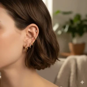 Tiny huggie-style 18 karat gold hoop earrings perfect for multiple piercings.