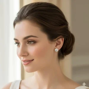 A model with an elegant updo is wearing 18k white gold stud earrings for a classic, sophisticated look.