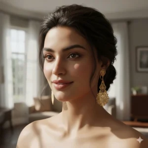 Model showcasing how these lightweight 24k gold earrings look when worn.