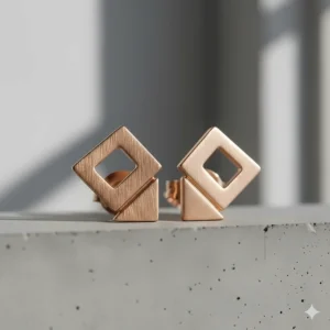 Modern, geometric-shaped 18k rose gold stud earrings with a brushed finish.