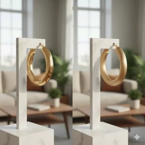 Comparison photo showing polished and brushed finish 18k gold hoop earrings.