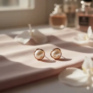 Elegant 18k rose gold stud earrings set with lustrous Akoya pearls.