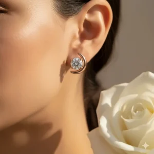 A close-up shot of the 18k rose gold stud earrings worn on an ear.