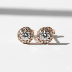Studio shot of 18k rose gold stud earrings against a clean white background.