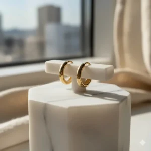 Close-up of small, lightweight 18 karat gold hoop earrings on a display stand.