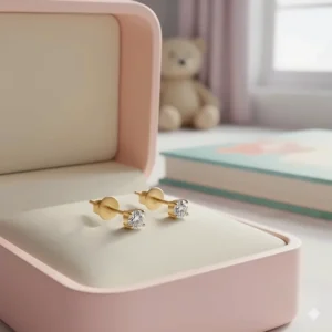 Small 18k gold stud earrings with a reliable screw back closure, ideal for children and first piercings.