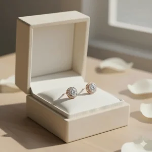 The lovely 18k rose gold stud earrings presented in a luxury gift box.