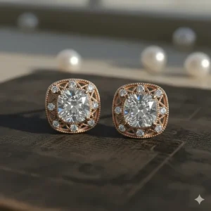 Vintage-inspired 18k rose gold stud earrings with milgrain detailing.