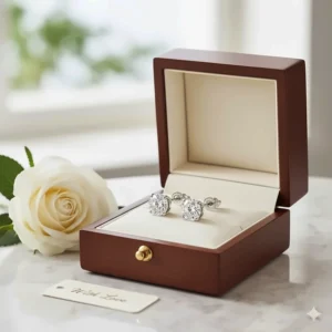 Elegant 18k white gold stud earrings with screw back displayed in a stylish jewelry box, ready for gifting.