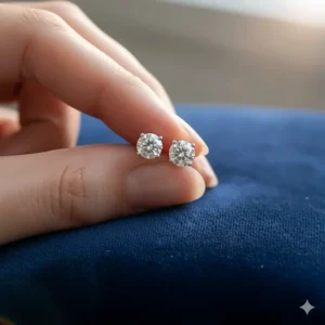 A woman's hand gently holds a pair of sparkling 18k white gold stud earrings over a velvet cushion.