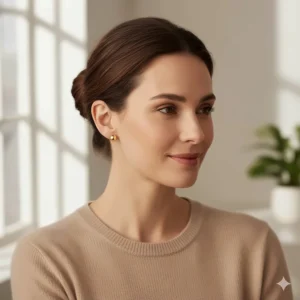 Elegant woman wearing small, polished 18k gold stud earrings for a subtle look.