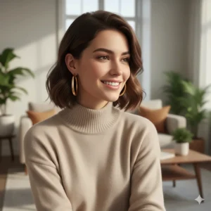 Lifestyle image of a woman confidently wearing yellow gold 18k hoop earrings.