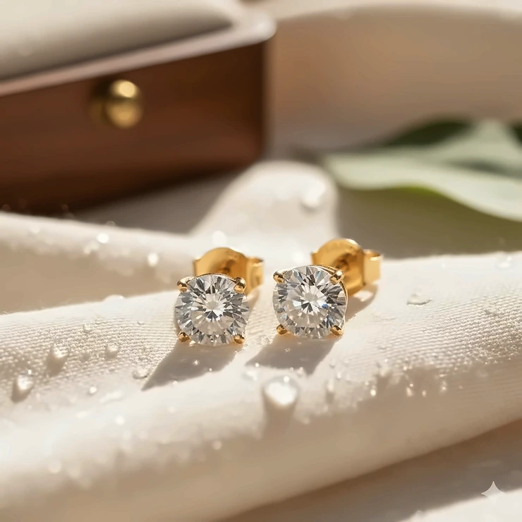 A close-up shot of a pair of classic 14k gold diamond stud earrings on a white background, highlighting the brilliant-cut diamonds.