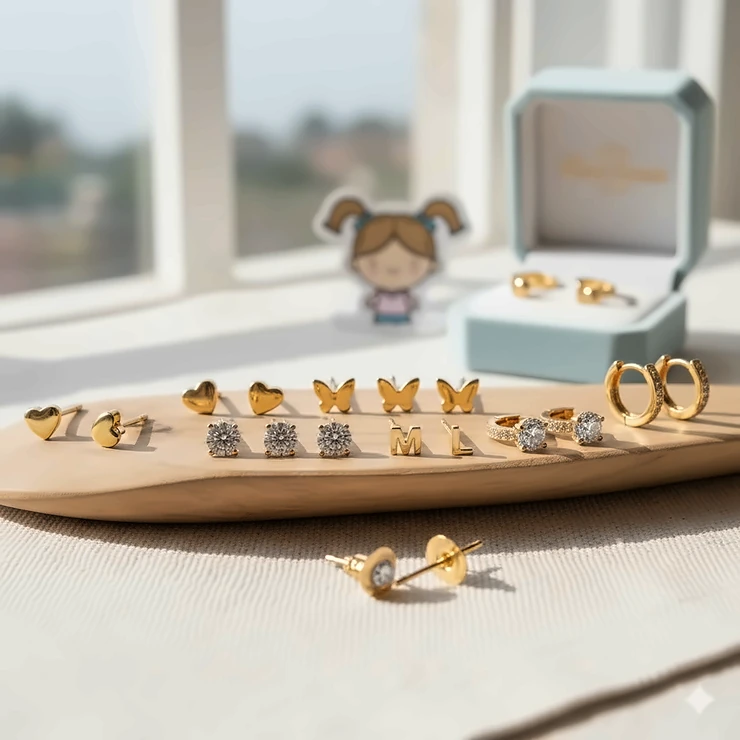 14k gold earrings for girls collection featuring various popular styles like studs and small hoops.