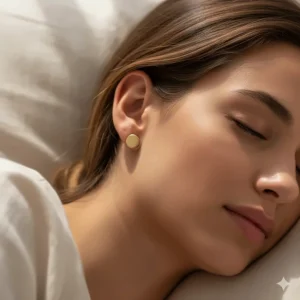 Woman comfortably sleeping while wearing 14k gold flat back earrings suitable for continuous wear.
