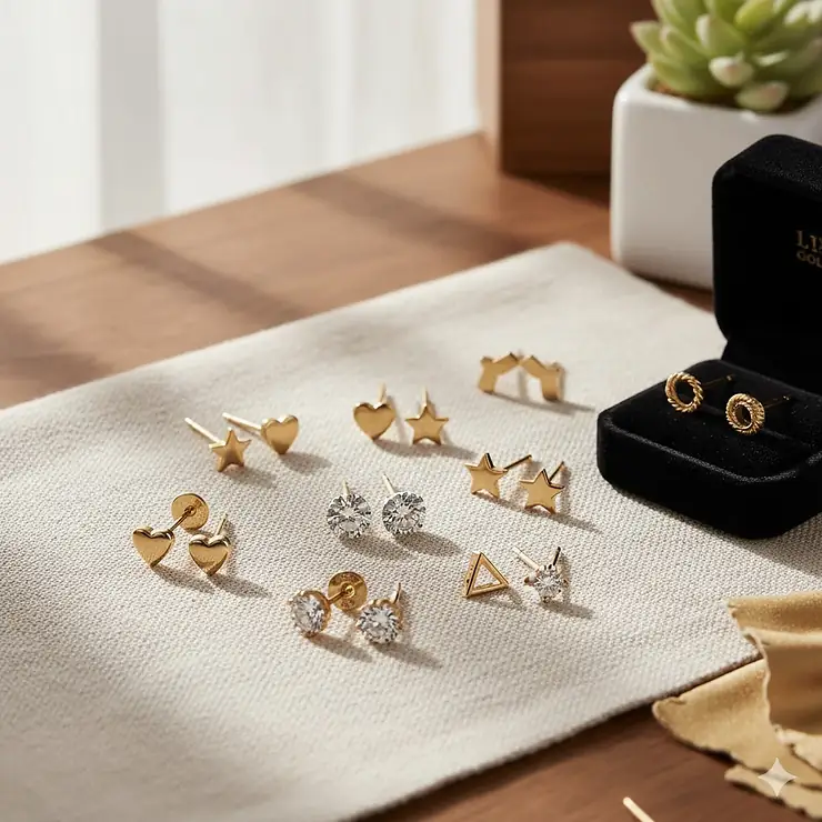 A 14k gold earrings studs set beautifully displayed, featuring various classic and modern designs for everyday wear.