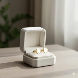 Elegant gift box containing a pair of new 14k gold flat back earrings, ready for gifting.