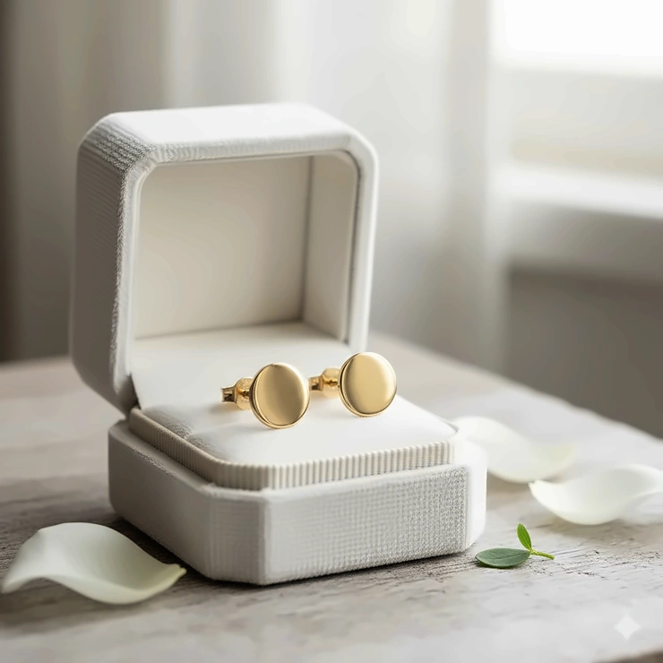 Stunning pair of 14k gold flat back earrings, close-up view showing the comfortable, secure screw-on back.