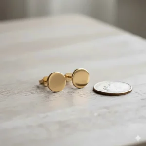 Visual scale of the small, subtle 14k gold flat back stud earrings next to a coin.