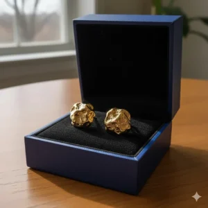 The stunning 14k gold nugget earrings presented in a luxurious gift box, ready for gifting.