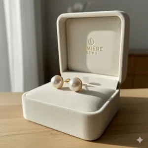 Luxury packaging for the 14k gold pearl stud earrings, perfect for gifting.