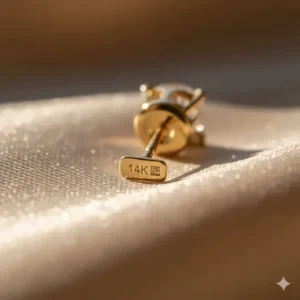 Extreme close-up of the 14k yellow gold hallmark stamp on the setting or post of the diamond stud earrings.