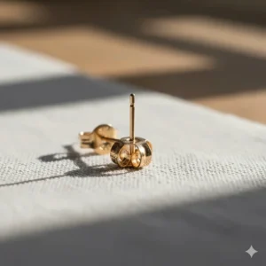 A clear view of the secure post and backing (clasp) of the tiny 14k gold stud earrings.