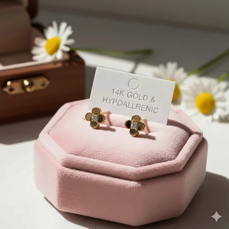 Beautiful 14k gold stud earrings for girls, hypoallergenic and safe for sensitive ears.