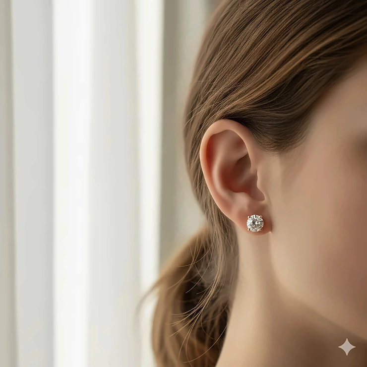14k gold stud earrings modeled on an ear, showcasing their classic, brilliant shine and perfect size.