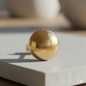 Macro shot detailing the flawless polished finish of the round 14k gold stud earrings.