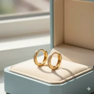Close-up of comfortable small 14k gold hoop earrings for girls with secure latch backs.