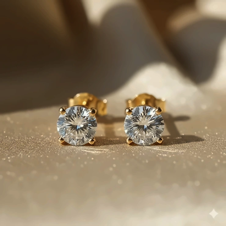 Beautiful pair of 14k yellow gold diamond stud earrings shown close-up, highlighting the brilliant-cut stones and four-prong settings.