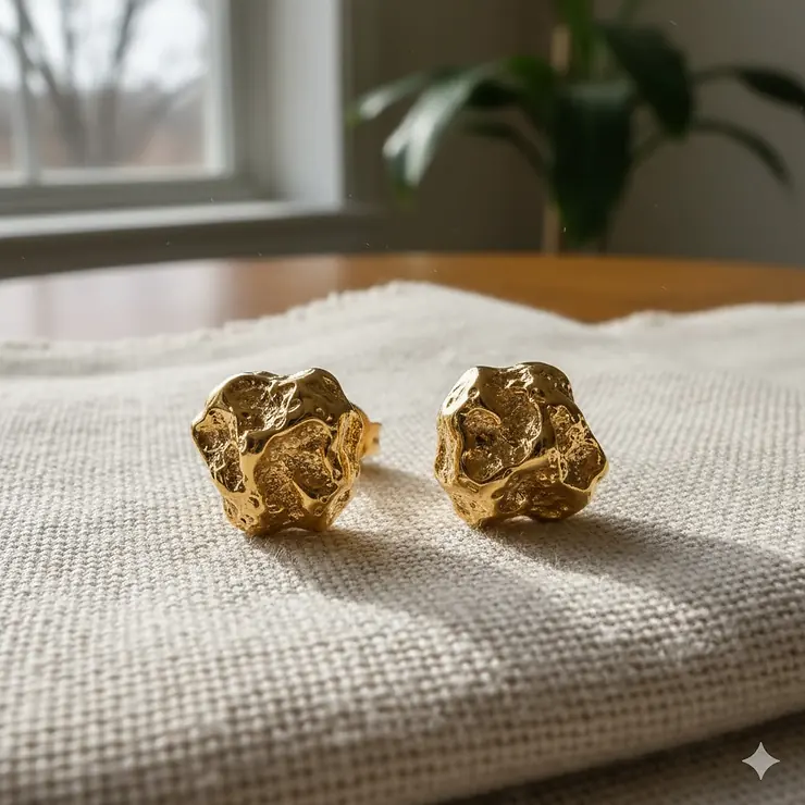 14k gold nugget earrings in solid yellow gold, showcasing their distinctive textured finish and natural, organic look.