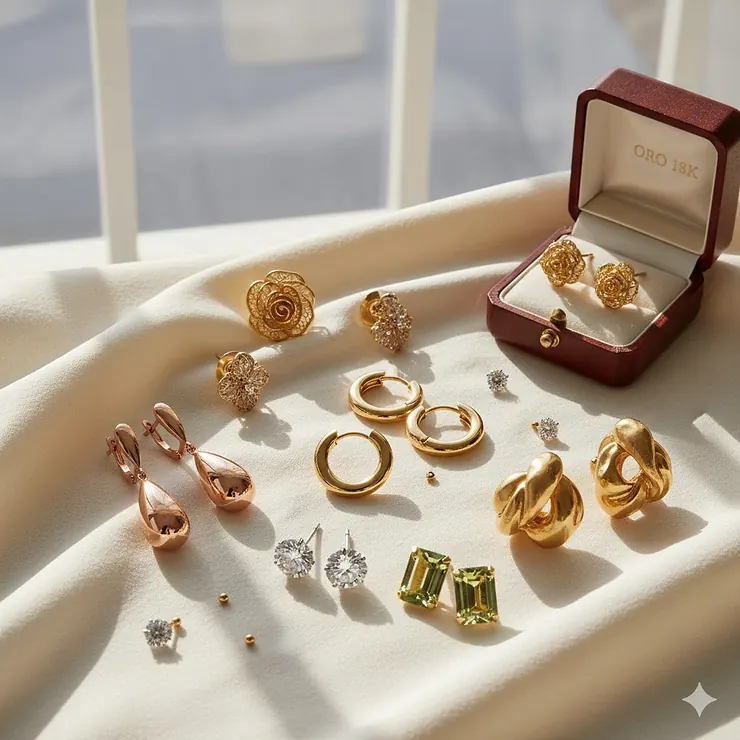 Stunning collection of 18k gold earrings featuring hoops, studs, and dangle styles.