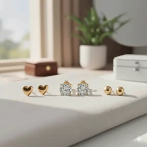 Assortment of different style 14k gold stud earrings, including solitaire, cluster, and plain ball designs.